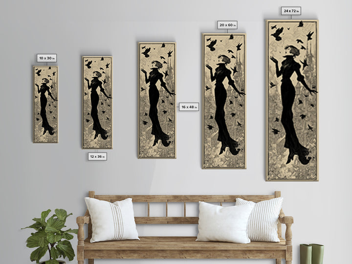 Ravens And Ruins, Decadent Line Art, Tall Narrow Wall Art, Dark Fantasy Wall Art, Framed Canvas Print, Halloween Wall Art
