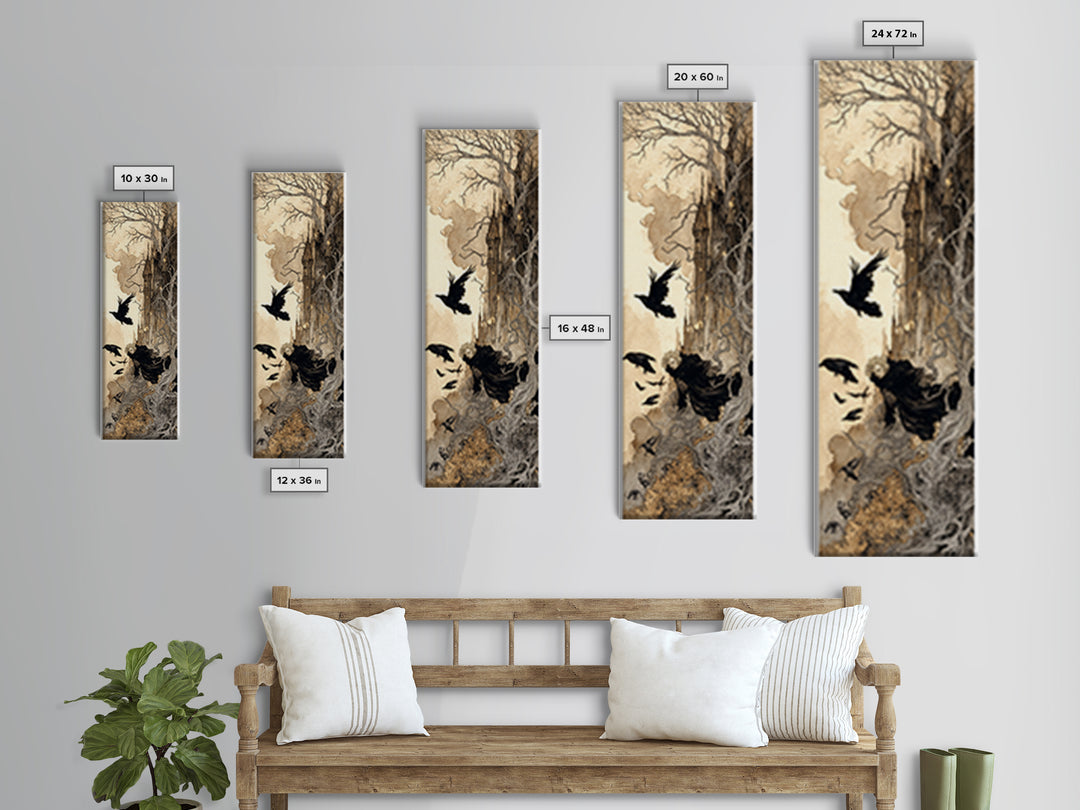 Ravens And Ruins, Gothic Storybook Art, Tall Narrow Wall Art, Gothic Horror Wall Art, Canvas Print, Halloween Wall Art