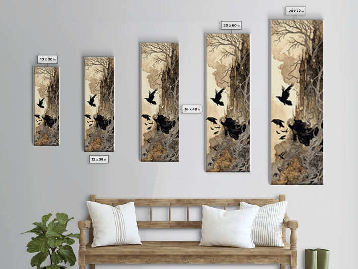 Ravens And Ruins, Gothic Storybook Art, Tall Narrow Wall Art, Gothic Horror Wall Art, Canvas Print, Halloween Wall Art