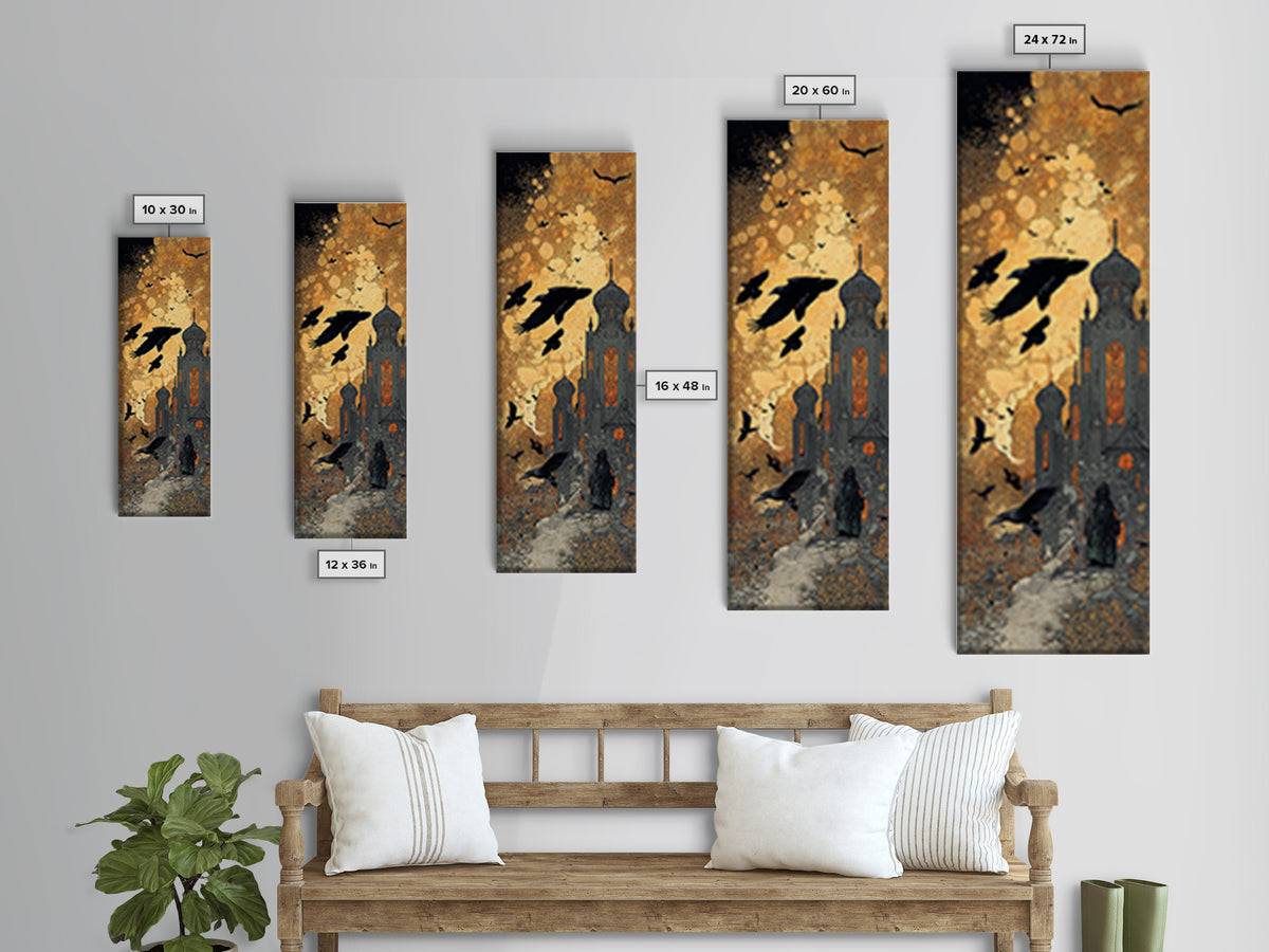 Ravens And Ruins, Stained Glass Gothic Art, Tall Narrow Wall Art, Dark Fantasy Wall Art, Canvas Print, Halloween Wall Art