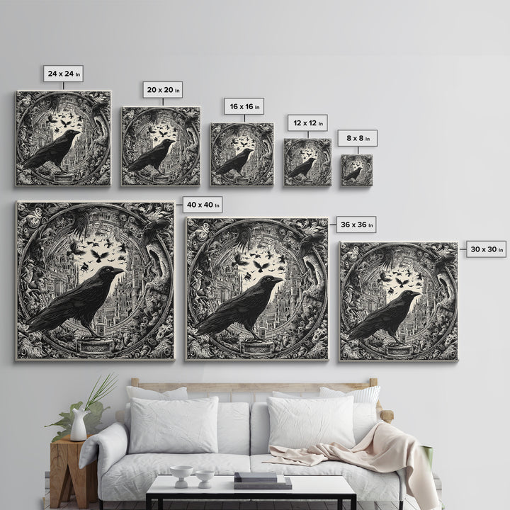Ravens And Ruins, Macabre Folk Print Art, Square Wall Art, Dark Fantasy Wall Art, Canvas Print, Halloween Wall Art