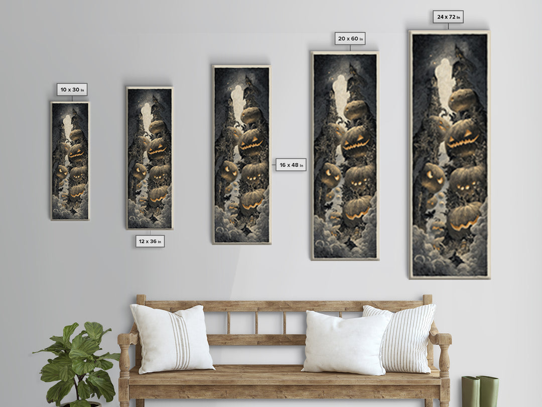 Pumpkins And Moon Phases, Gothic Engraving Art, Tall Narrow Wall Art, Macabre Wall Art, Canvas Print, Halloween Wall Art