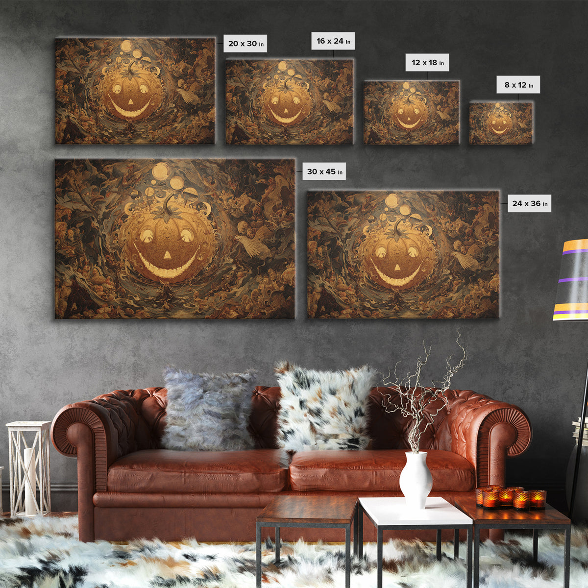 Pumpkins And Moon Phases, Medieval Grotesque Art, Landscape Wall Art, Macabre Wall Art, Framed Canvas Print, Halloween Wall Art