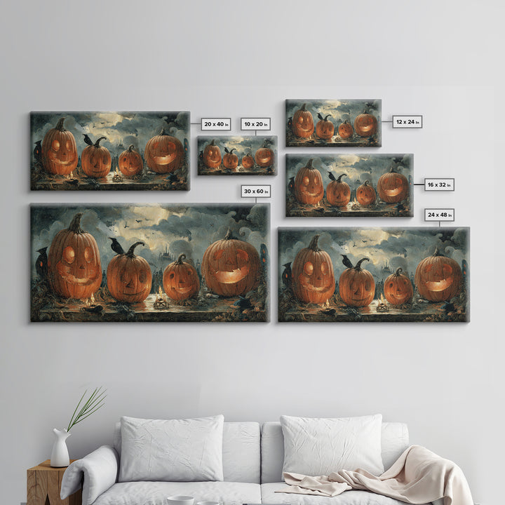 Pumpkins And Moon Phases, Northern Renaissance Horror, Wide Panoramic Art, Dark Halloween Decor, Framed Canvas Print
