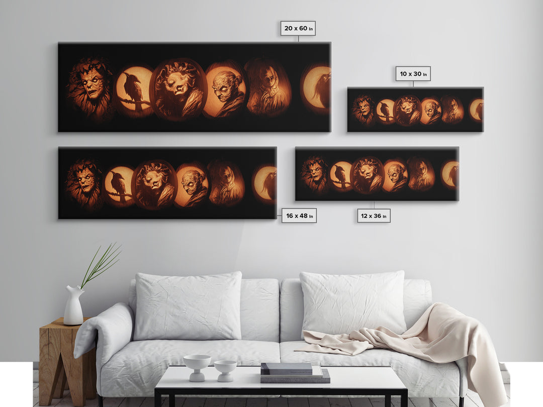 Pumpkins And Moon Phases, Gothic Nightmare Art, Extra Wide Wall Art, Macabre Wall Art, Canvas Print, Halloween Wall Art