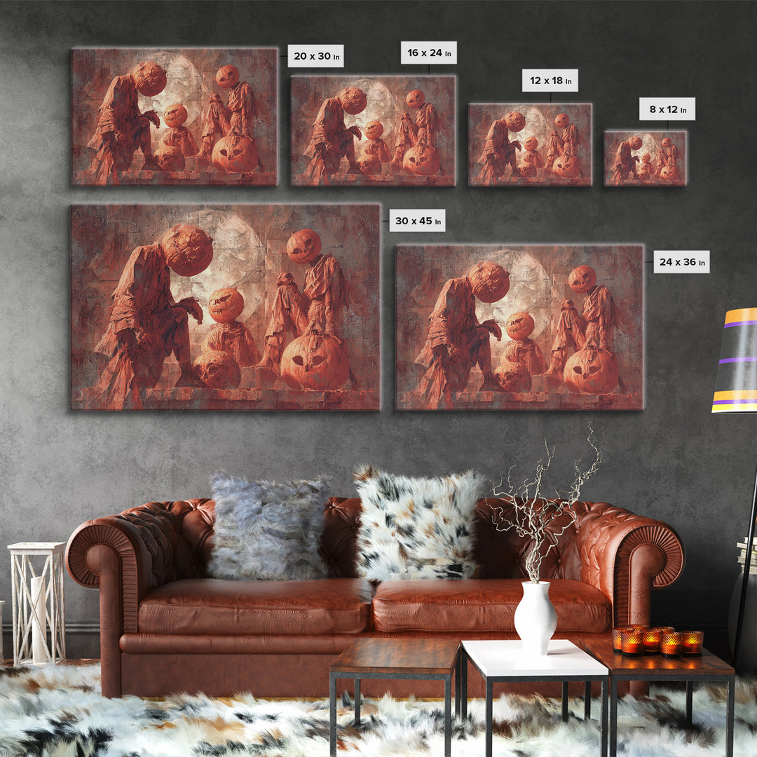 Pumpkins And Moon Phases, Architectural Etching Art, Landscape Wall Art, Gothic Horror Wall Art, Framed Canvas Print