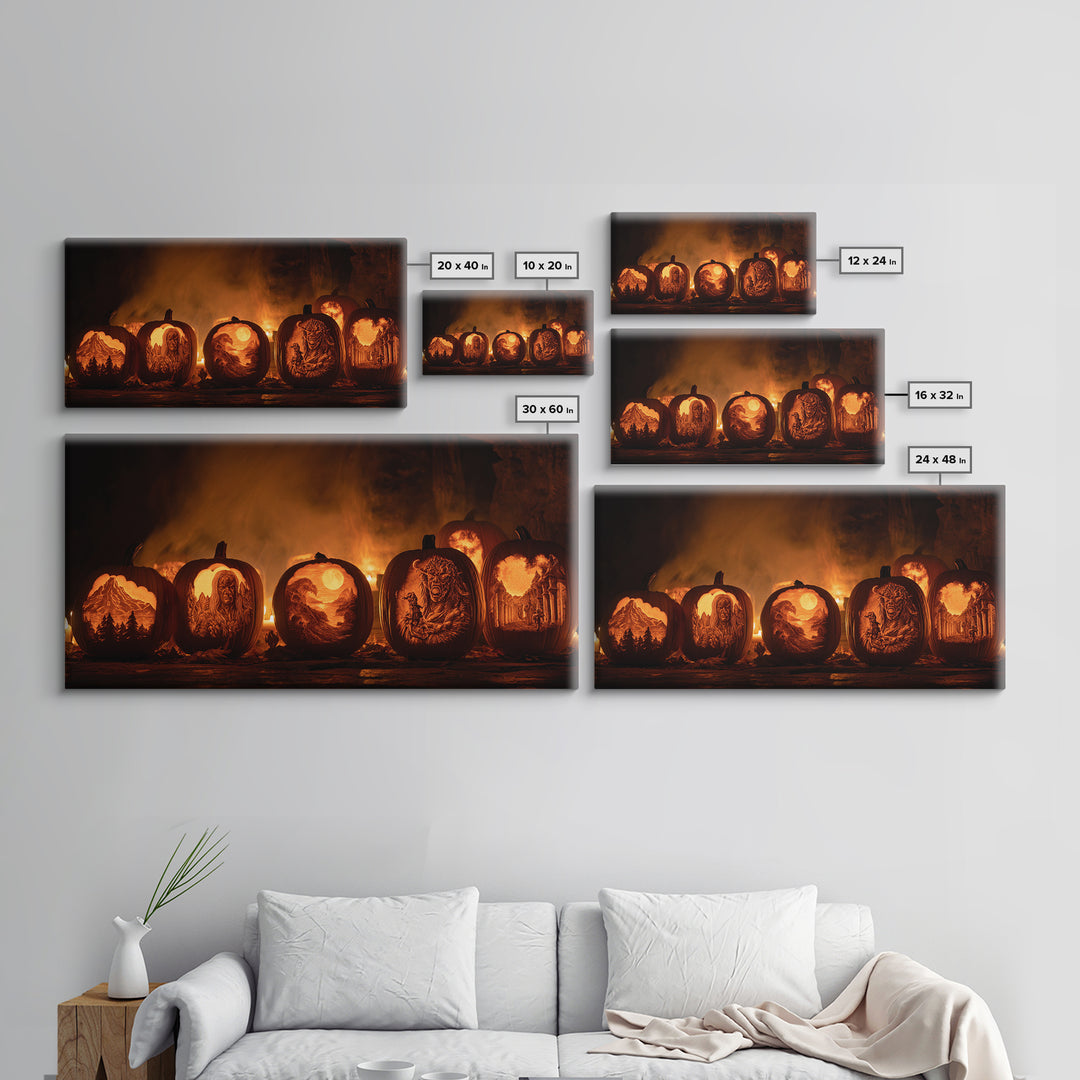 Pumpkins And Moon Phases, Apocalyptic Romantic Art, Wide Panoramic Art, Gothic Horror Wall Art, Framed Canvas Print, Halloween Wall Art