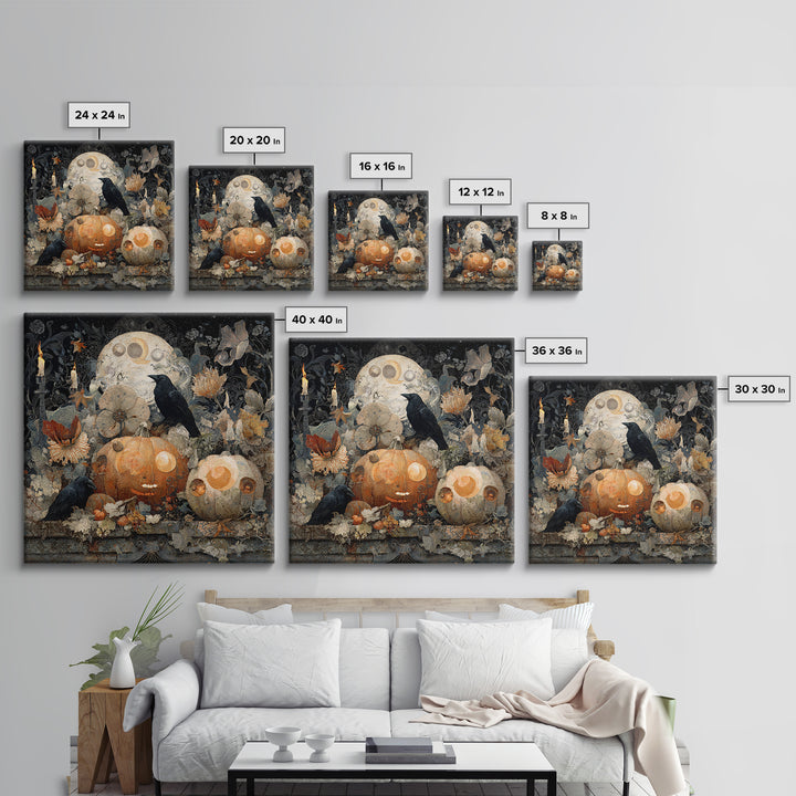 Pumpkins And Moon Phases, Symbolist Dream Art, Square Wall Art, Dark Halloween Decor, Framed Canvas Print, Halloween Wall Art