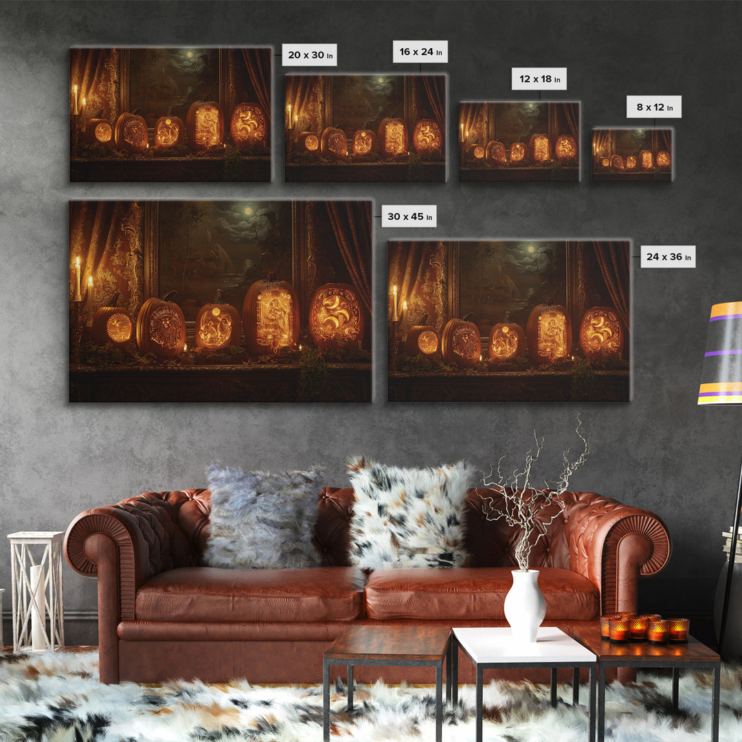 Pumpkins And Moon Phases, Ornate Symbolist Art, Landscape Wall Art, Gothic Horror Wall Art, Canvas Print, Halloween Wall Art