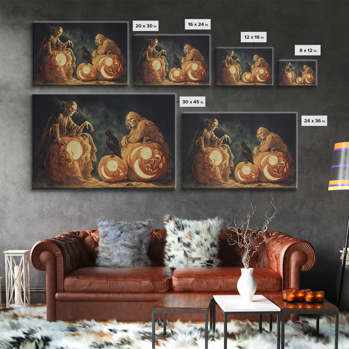 Pumpkins And Moon Phases, Decadent Gothic Art, Landscape Wall Art, Dark Fantasy Wall Art, Canvas Print, Halloween Wall Art
