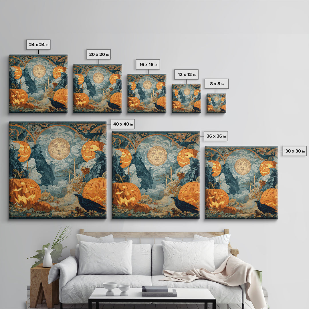 Pumpkins And Moon Phases, Symbolist Etching Art, Square Wall Art, Dark Fantasy Wall Art, Canvas Print, Halloween Wall Art