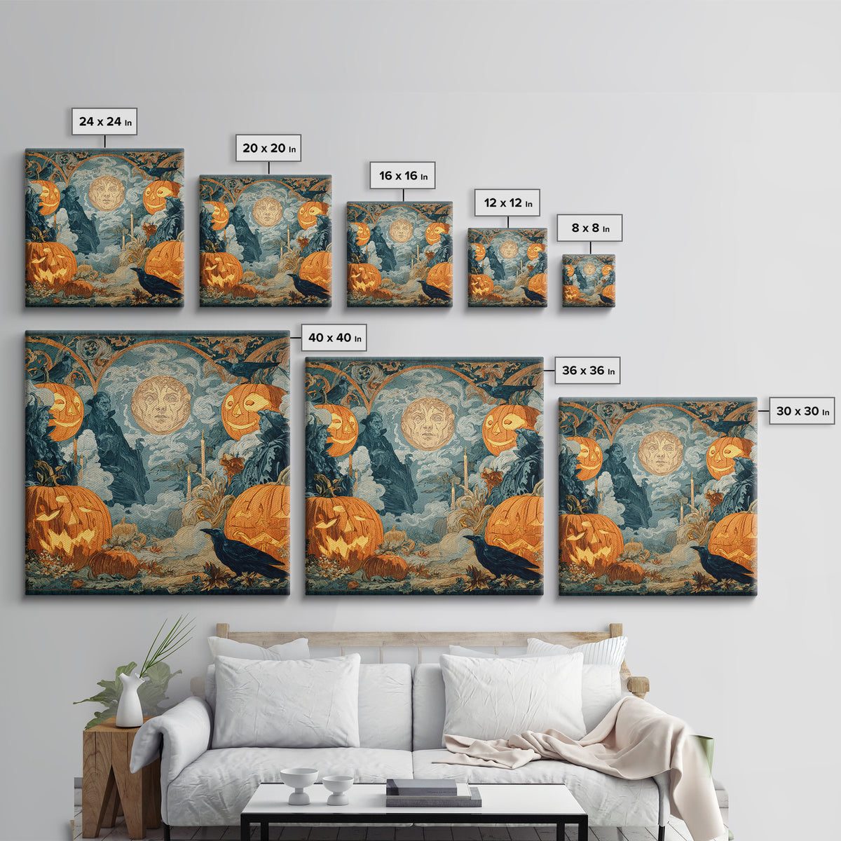 Pumpkins And Moon Phases, Symbolist Etching Art, Square Wall Art, Dark Fantasy Wall Art, Canvas Print, Halloween Wall Art