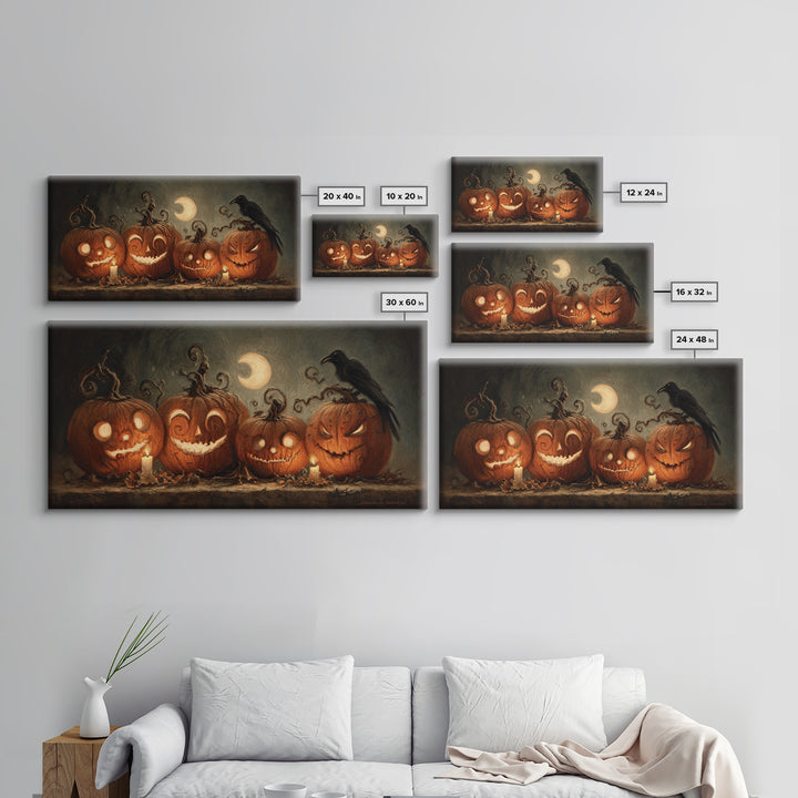 Pumpkins And Moon Phases, Expressionist Nightmare Art, Wide Panoramic Art, Dark Fantasy Wall Art, Framed Canvas Print, Halloween Wall Art