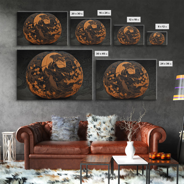 Pumpkins And Moon Phases, Decadent Line Art, Landscape Wall Art, Gothic Horror Wall Art, Canvas Print, Halloween Wall Art