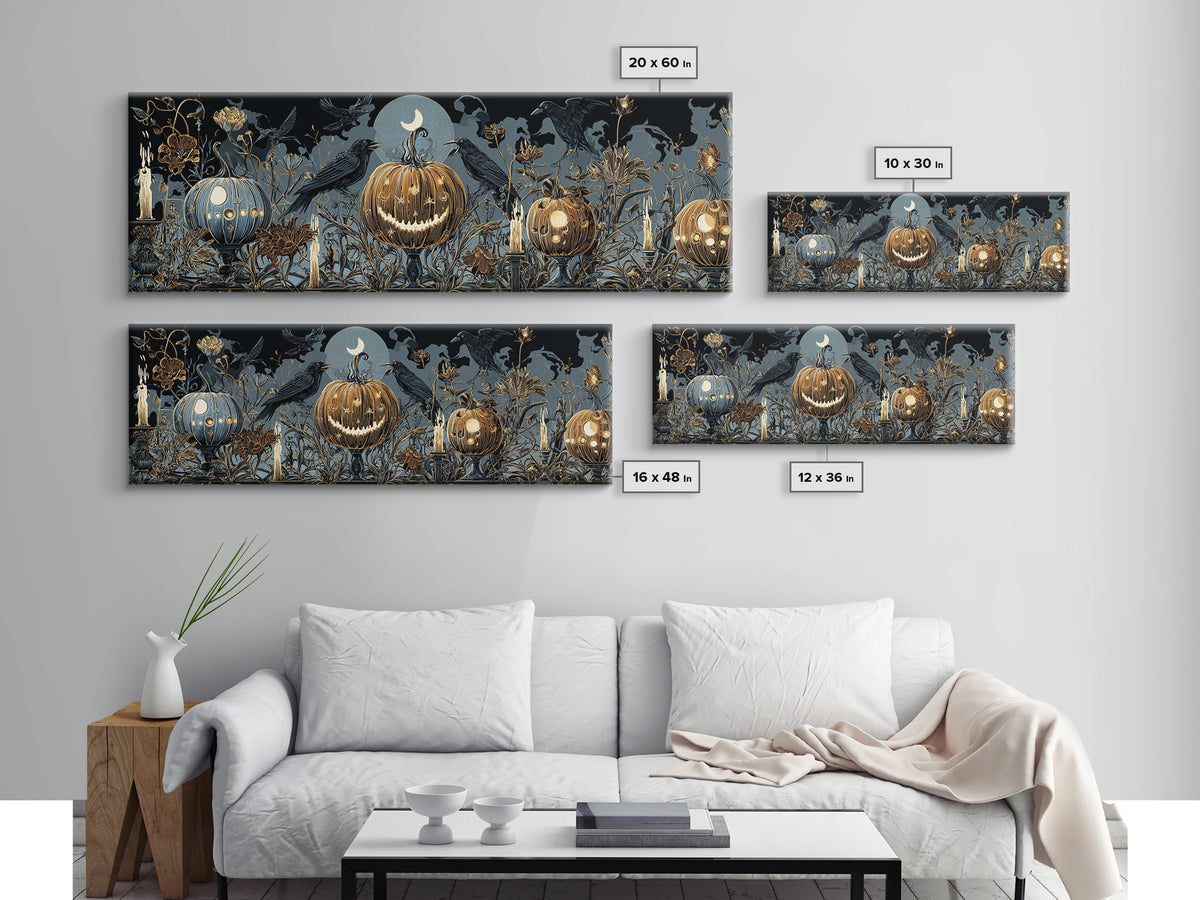 Pumpkins And Moon Phases, Stained Glass Gothic Art, Extra Wide Wall Art, Dark Fantasy Wall Art, Framed Canvas Print, Halloween Wall Art
