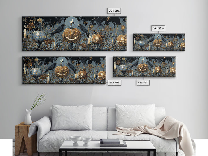 Pumpkins And Moon Phases, Stained Glass Gothic Art, Extra Wide Wall Art, Dark Fantasy Wall Art, Framed Canvas Print, Halloween Wall Art