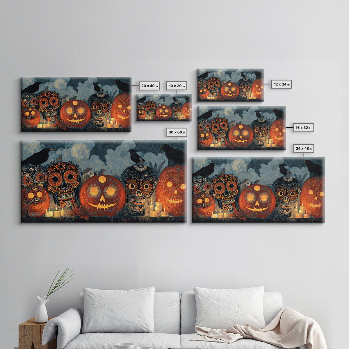 Pumpkins And Moon Phases, Macabre Folk Print Art, Wide Panoramic Art, Dark Fantasy Wall Art, Framed Canvas Print