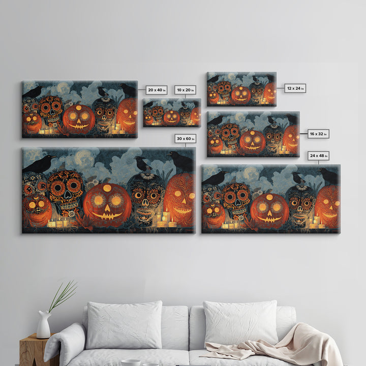 Pumpkins And Moon Phases, Macabre Folk Print Art, Wide Panoramic Art, Dark Fantasy Wall Art, Framed Canvas Print