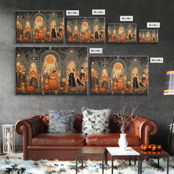 Pumpkins And Moon Phases, Victorian Macabre Art, Landscape Wall Art, Dark Halloween Decor, Framed Canvas Print, Halloween Wall Art