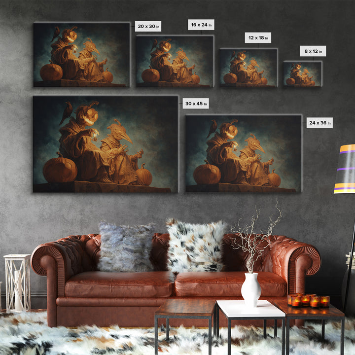 Pumpkins And Moon Phases, Surreal Apocalyptic Art, Landscape Wall Art, Macabre Wall Art, Framed Canvas Print, Halloween Wall Art