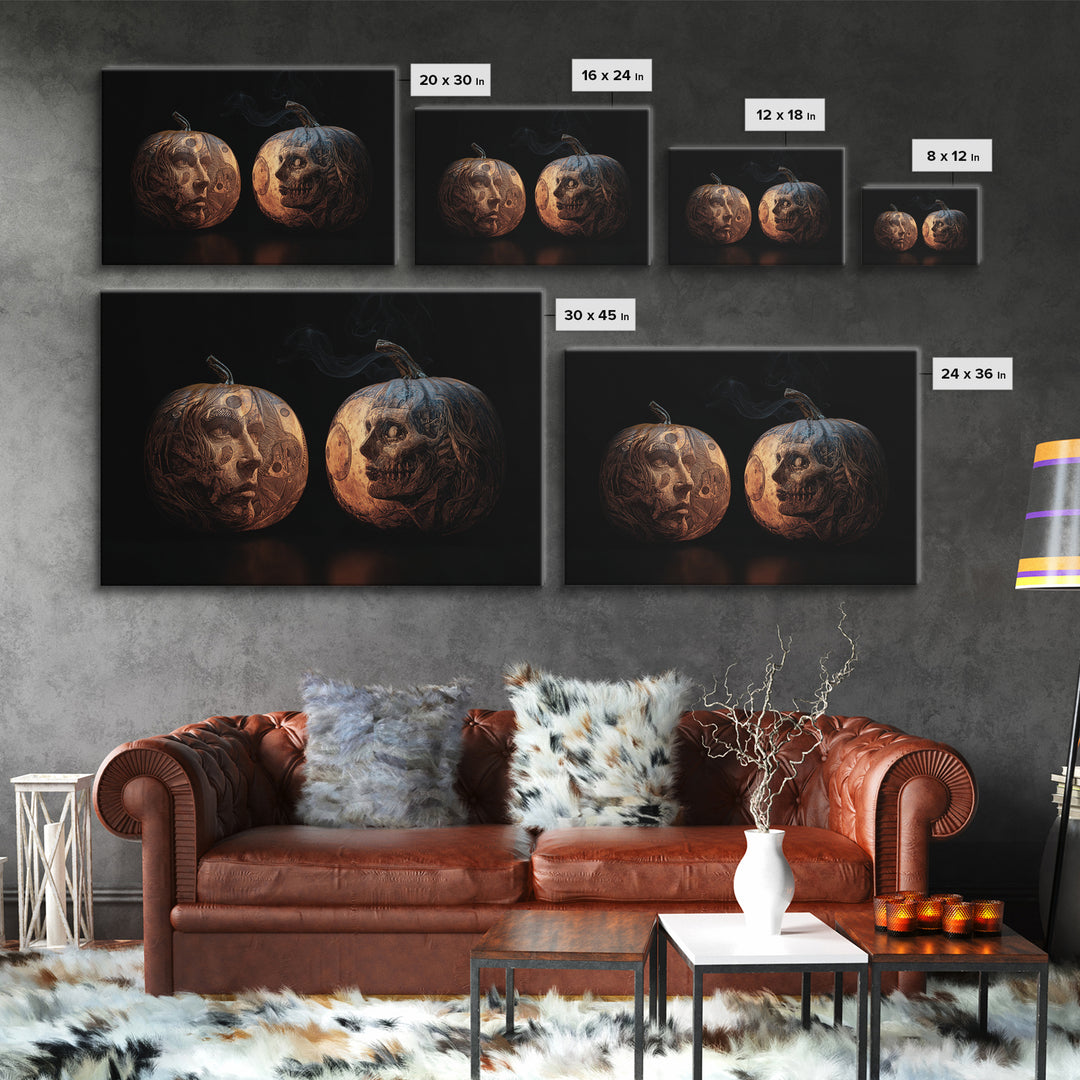 Pumpkins And Moon Phases, Biomechanical Horror Art, Landscape Wall Art, Gothic Horror Wall Art, Framed Canvas Print, Halloween Wall Art