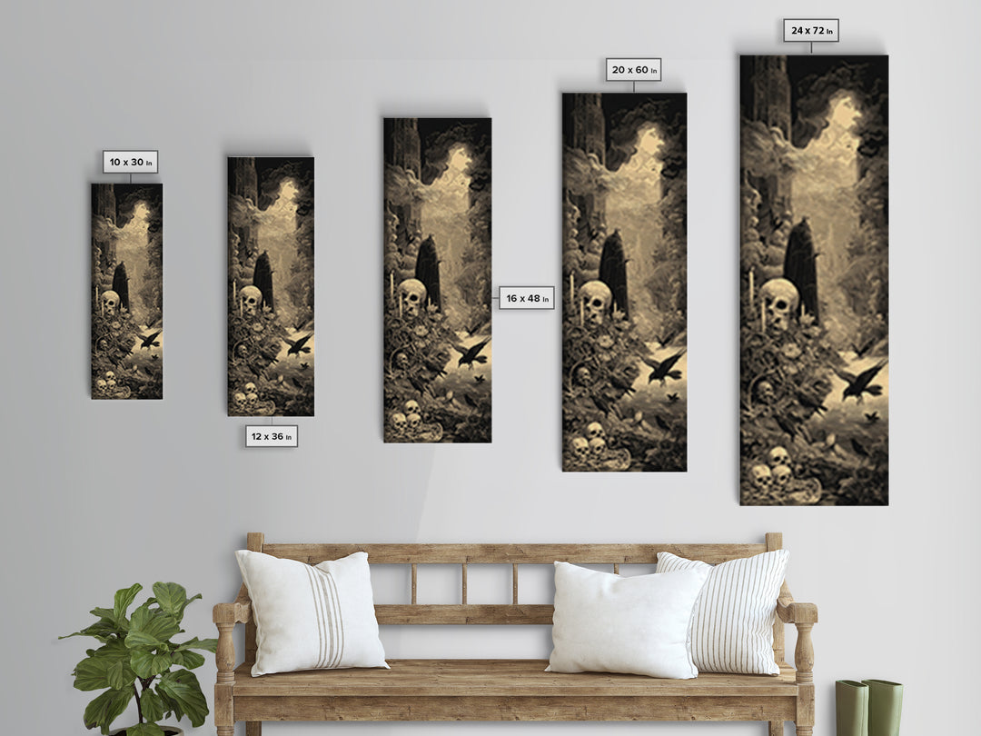 Skeletal Botanicals, Gothic Engraving Art, Tall Narrow Wall Art, Gothic Horror Wall Art, Framed Canvas Print, Halloween Wall Art