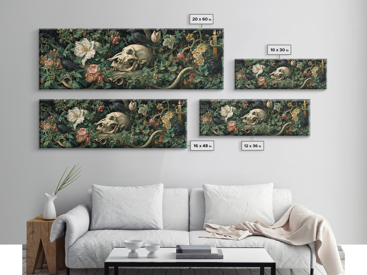 Skeletal Botanicals, Medieval Grotesque Art, Extra Wide Wall Art, Macabre Wall Art, Canvas Print, Halloween Wall Art