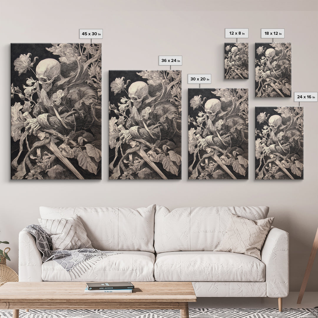 Skeletal Botanicals, Renaissance Engraving Art, Vertical Wall Art, Gothic Horror Wall Art, Canvas Print, Halloween Wall Art