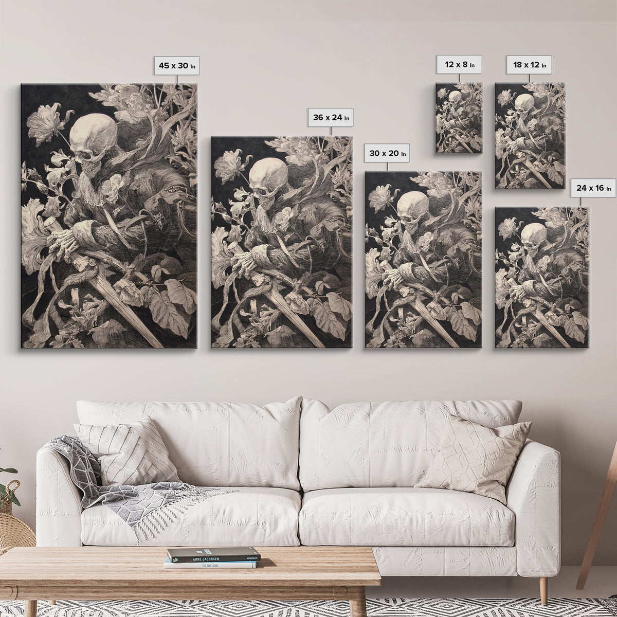 Skeletal Botanicals, Renaissance Engraving Art, Vertical Wall Art, Gothic Horror Wall Art, Canvas Print, Halloween Wall Art