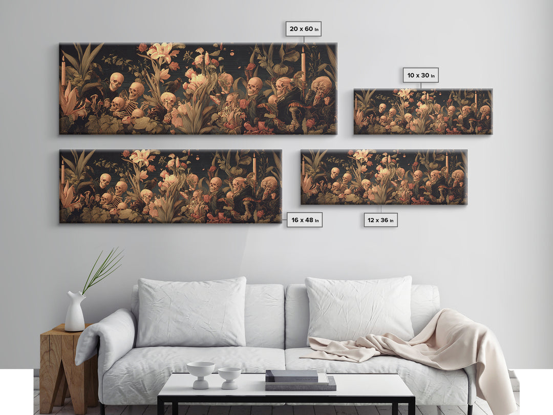 Skeletal Botanicals, Danse Macabre Art, Extra Wide Wall Art, Dark Halloween Decor, Framed Canvas Print