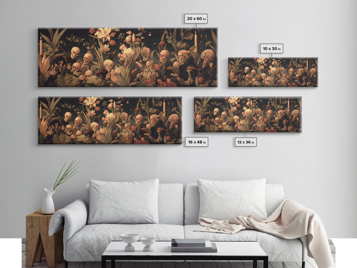 Skeletal Botanicals, Danse Macabre Art, Extra Wide Wall Art, Dark Halloween Decor, Framed Canvas Print