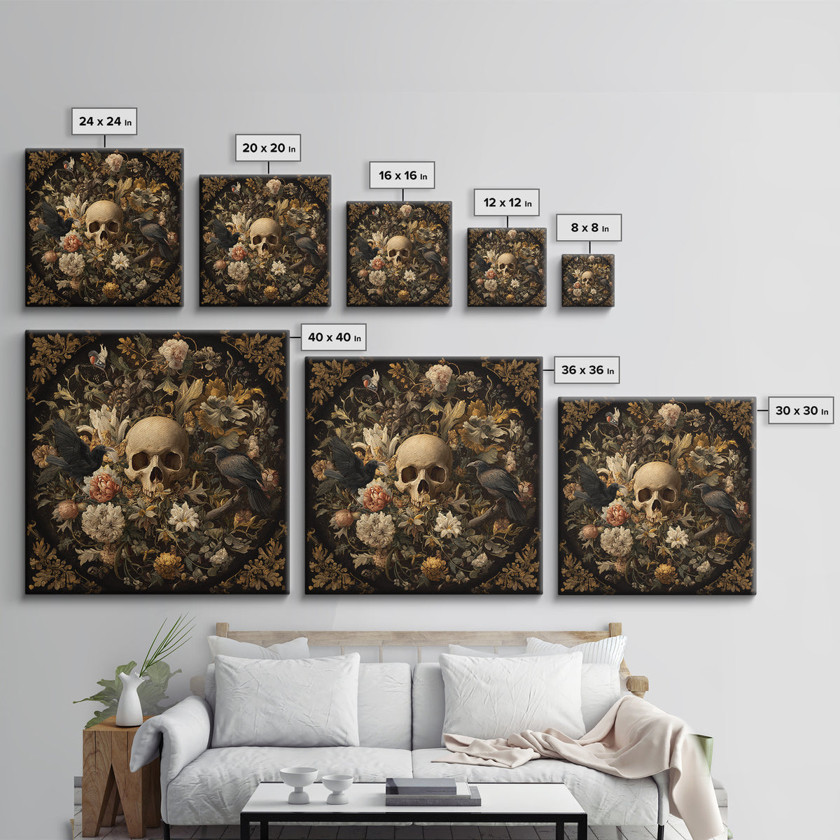 Skeletal Botanicals, Baroque Witchcraft Art, Square Wall Art, Dark Halloween Decor, Canvas Print, Halloween Wall Art, Spooky Wall Decor