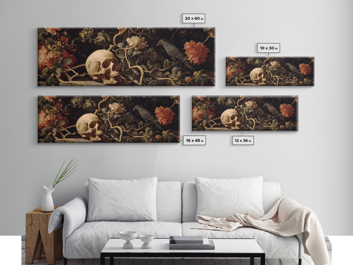 Skeletal Botanicals, Dark Romantic Horror Art, Extra Wide Wall Art, Macabre Wall Art, Framed Canvas Print, Halloween Wall Art