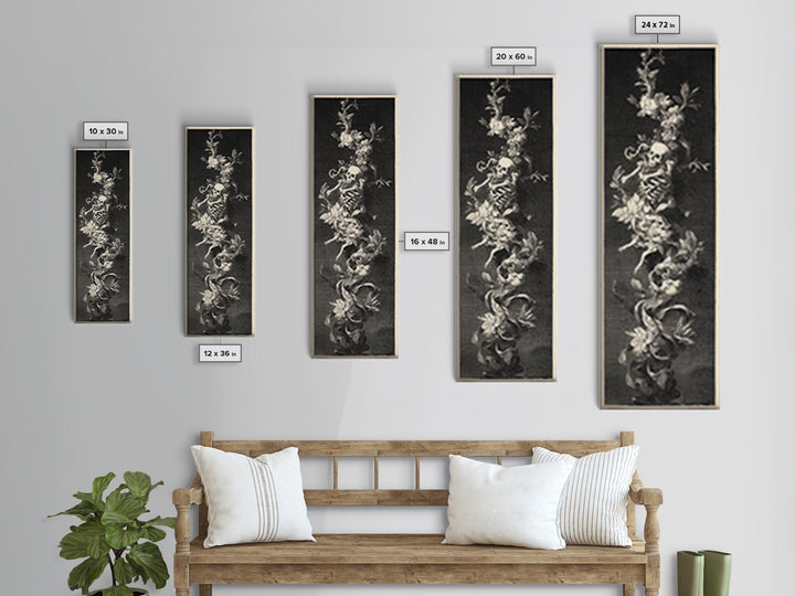 Skeletal Botanicals, Architectural Etching Art, Tall Narrow Wall Art, Gothic Horror Wall Art, Canvas Print, Halloween Wall Art