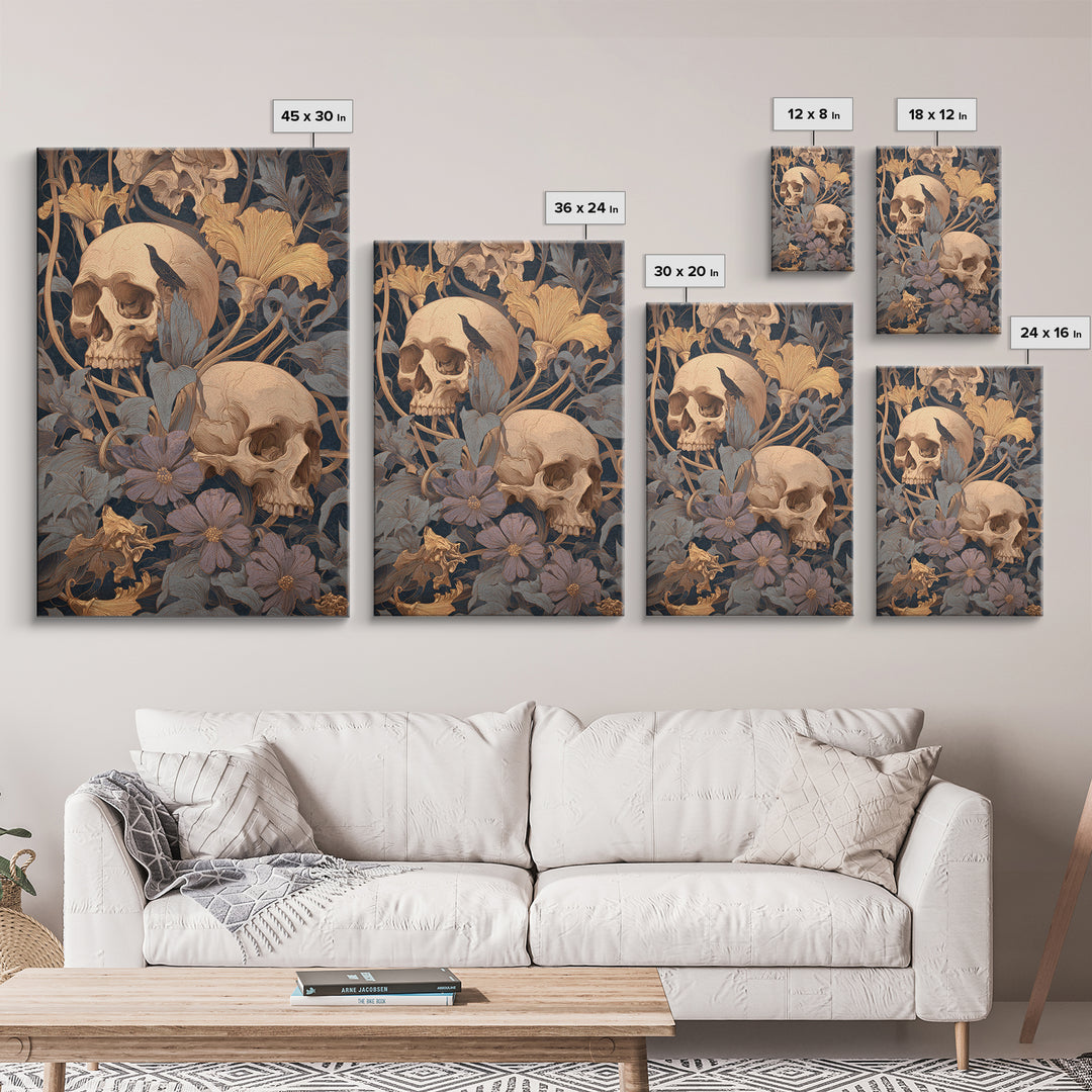 Skeletal Botanicals, Symbolist Death Art, Vertical Wall Art, Dark Fantasy Wall Art, Framed Canvas Print, Halloween Wall Art
