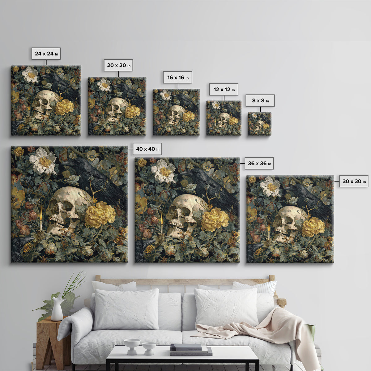Skeletal Botanicals, Symbolist Etching Art, Square Wall Art, Macabre Wall Art, Framed Canvas Print, Halloween Wall Art, Halloween Decor