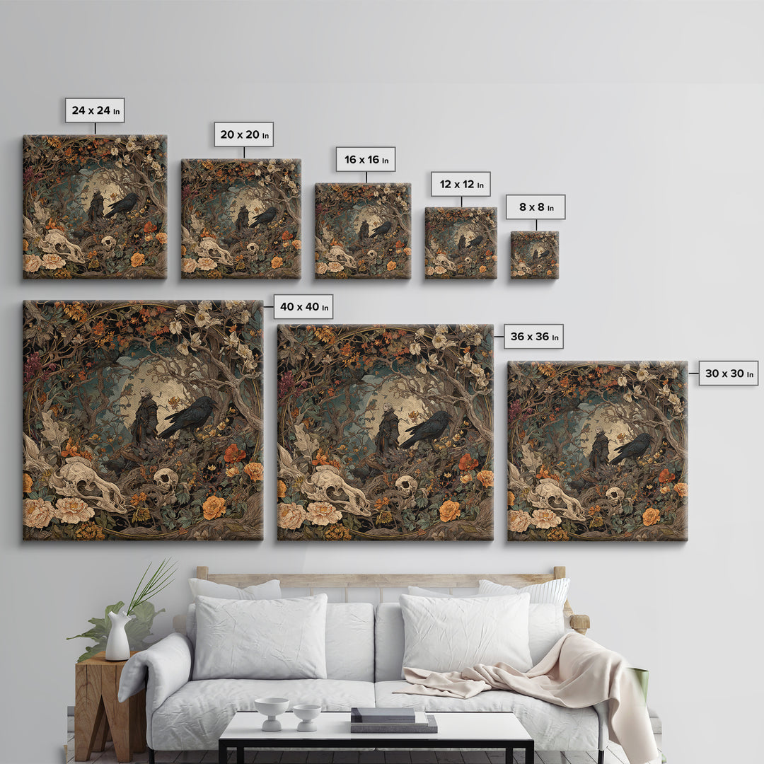 Skeletal Botanicals, Gothic Storybook Art, Square Wall Art, Macabre Wall Art, Framed Canvas Print, Halloween Wall Art