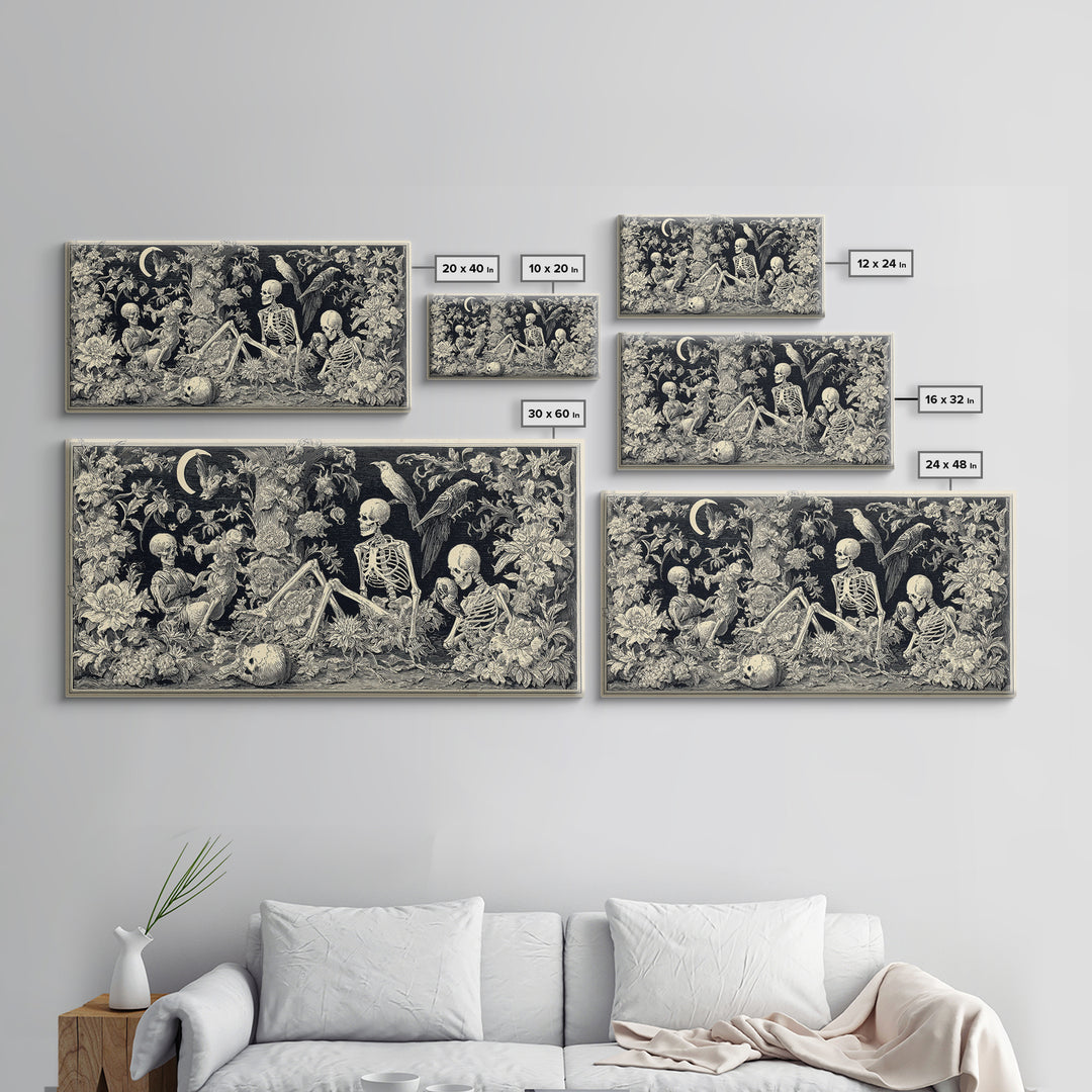 Skeletal Botanicals, Macabre Folk Print Art, Wide Panoramic Art, Gothic Horror Wall Art, Framed Canvas Print, Halloween Wall Art