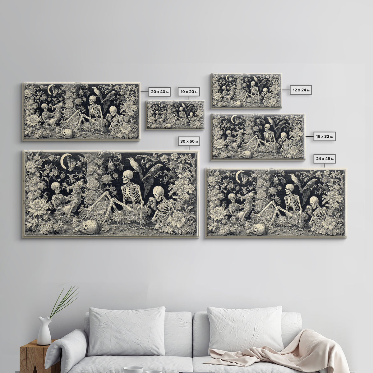 Skeletal Botanicals, Macabre Folk Print Art, Wide Panoramic Art, Gothic Horror Wall Art, Framed Canvas Print, Halloween Wall Art