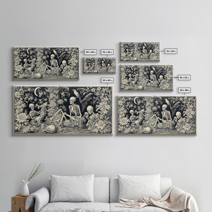 Skeletal Botanicals, Macabre Folk Print Art, Wide Panoramic Art, Gothic Horror Wall Art, Framed Canvas Print, Halloween Wall Art