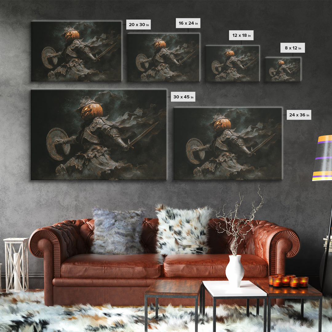 The Pumpkin Paladin, Dark Romantic Horror Art, Landscape Wall Art, Dark Fantasy Wall Art, Framed Canvas Print, Halloween Wall Art