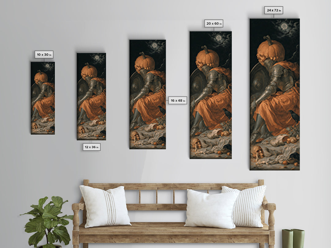 The Pumpkin Paladin, Gothic Nightmare Art, Tall Narrow Wall Art, Macabre Wall Art, Framed Canvas Print, Halloween Wall Art