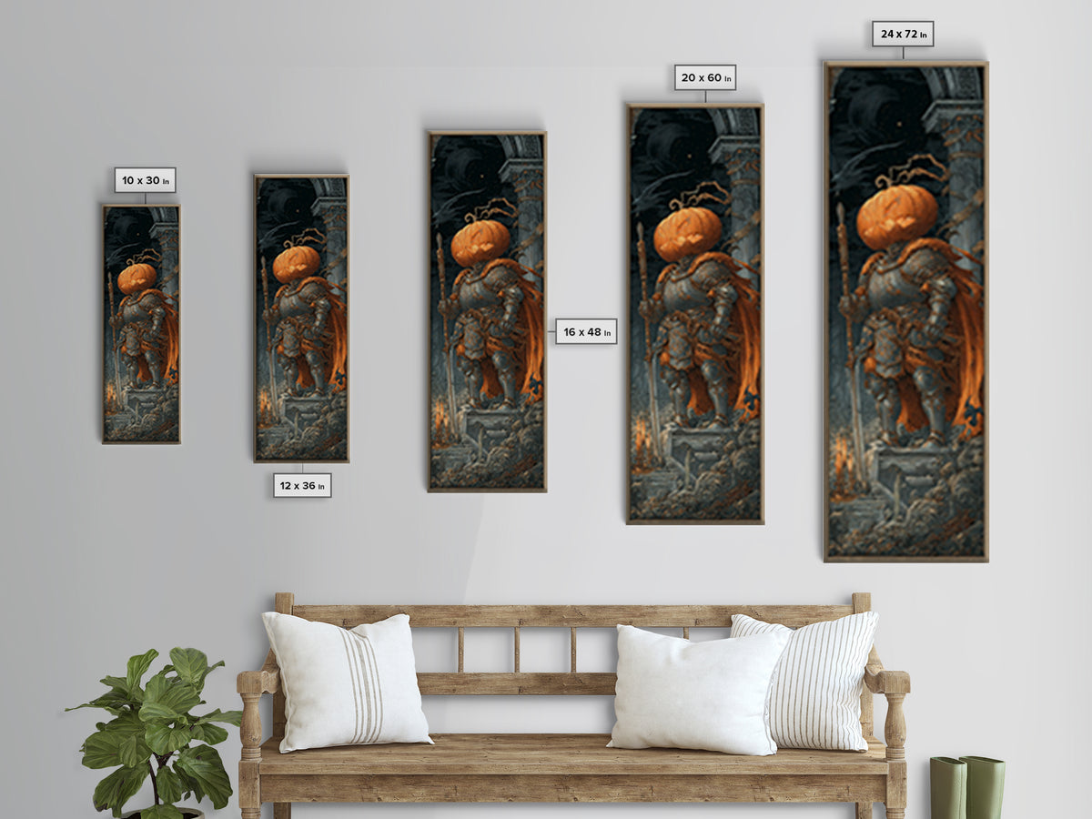 The Pumpkin Paladin, Architectural Etching Art, Tall Narrow Wall Art, Macabre Wall Art, Framed Canvas Print, Halloween Decor