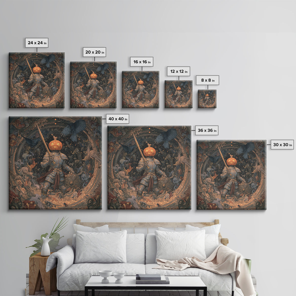 The Pumpkin Paladin, Ornate Symbolist Art, Square Wall Art, Dark Fantasy Wall Art, Canvas Print, Halloween Wall Art, Horror Wall Art