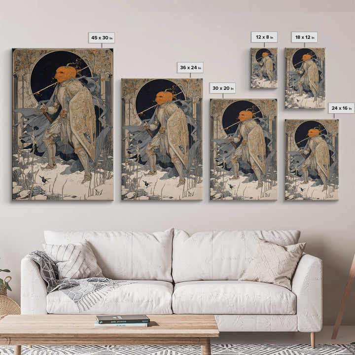 The Pumpkin Paladin, Symbolist Death Art, Vertical Wall Art, Gothic Horror Wall Art, Canvas Print, Halloween Wall Art
