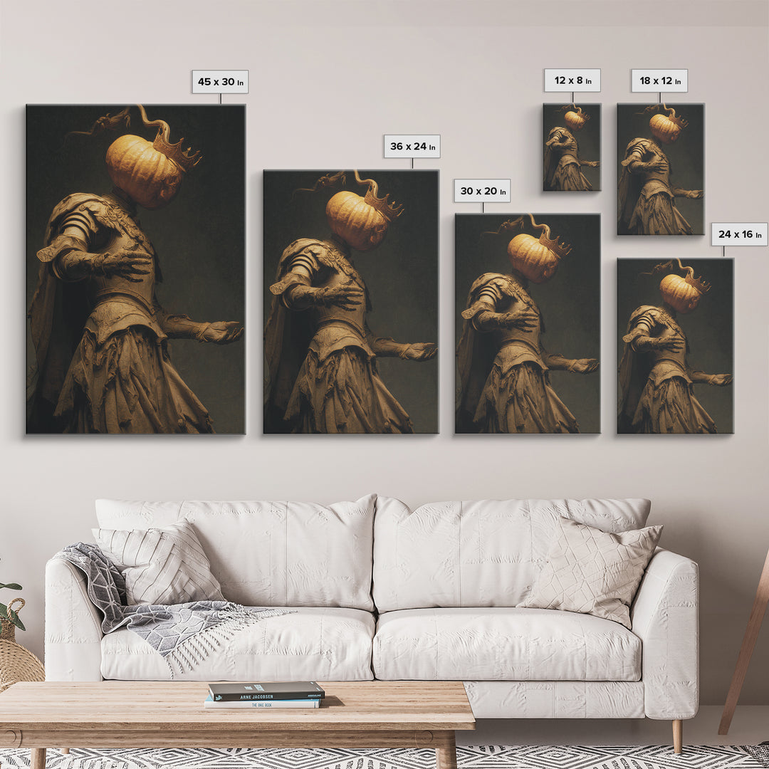 The Pumpkin Paladin, Dark Symbolist Art, Vertical Wall Art, Dark Fantasy Wall Art, Framed Canvas Print, Halloween Wall Art