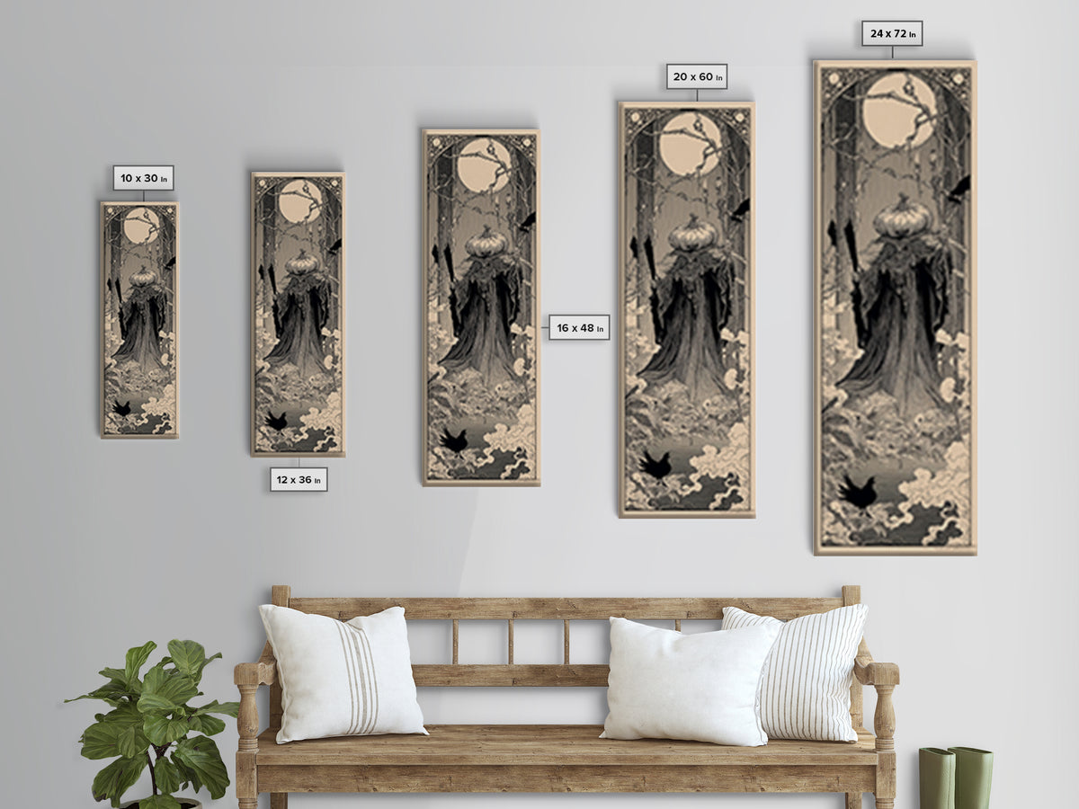 The Pumpkin Paladin, Decadent Line Art, Tall Narrow Wall Art, Gothic Horror Wall Art, Framed Canvas Print, Halloween Wall Art