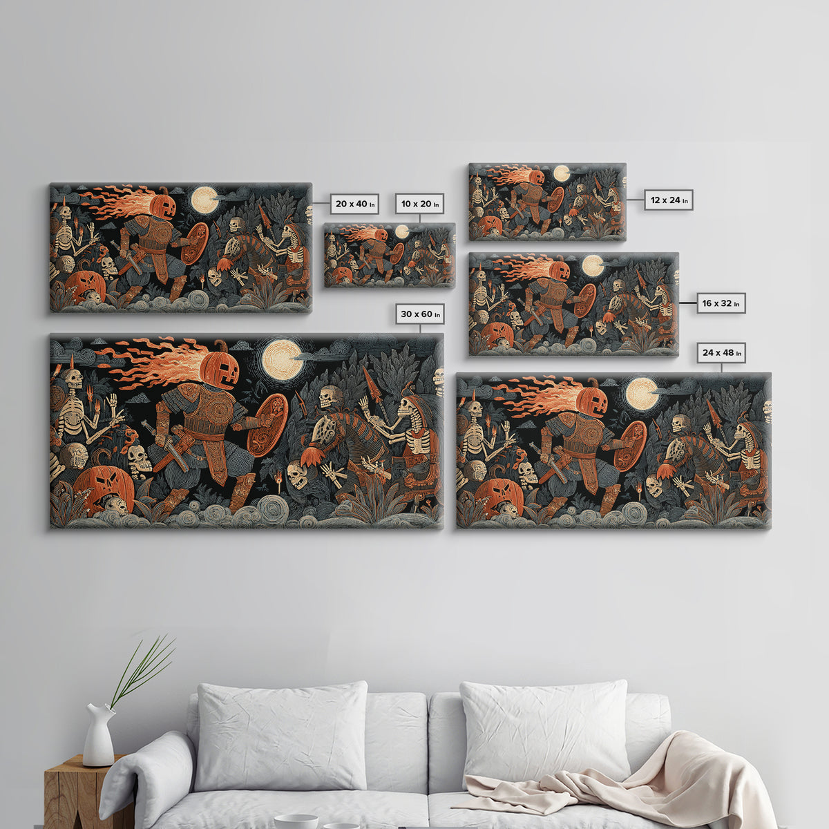 The Pumpkin Paladin, Macabre Folk Print Art, Wide Panoramic Art, Macabre Wall Art, Framed Canvas Print, Halloween Wall Art