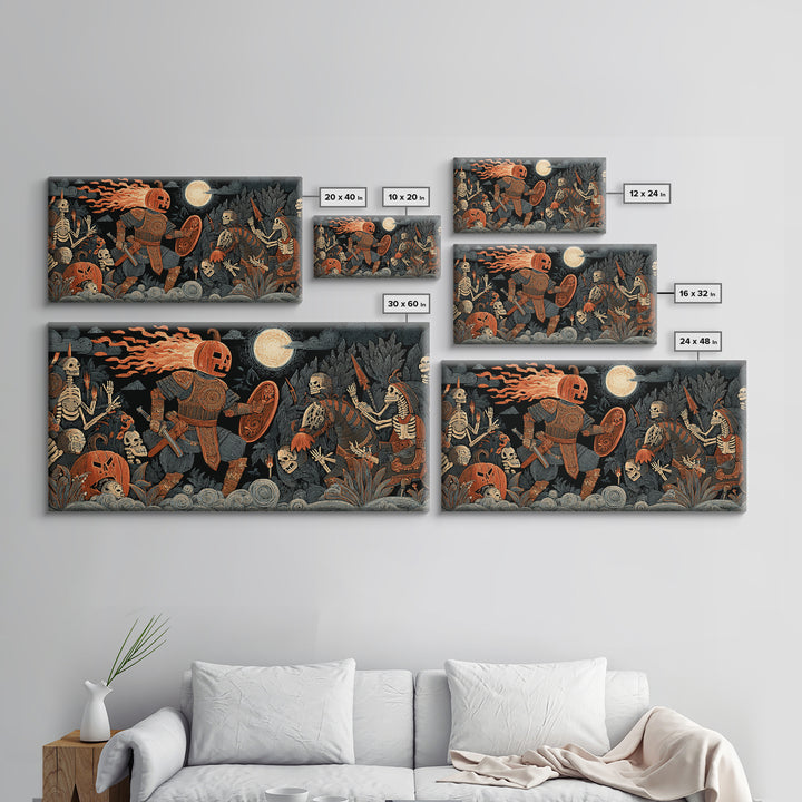 The Pumpkin Paladin, Macabre Folk Print Art, Wide Panoramic Art, Macabre Wall Art, Framed Canvas Print, Halloween Wall Art