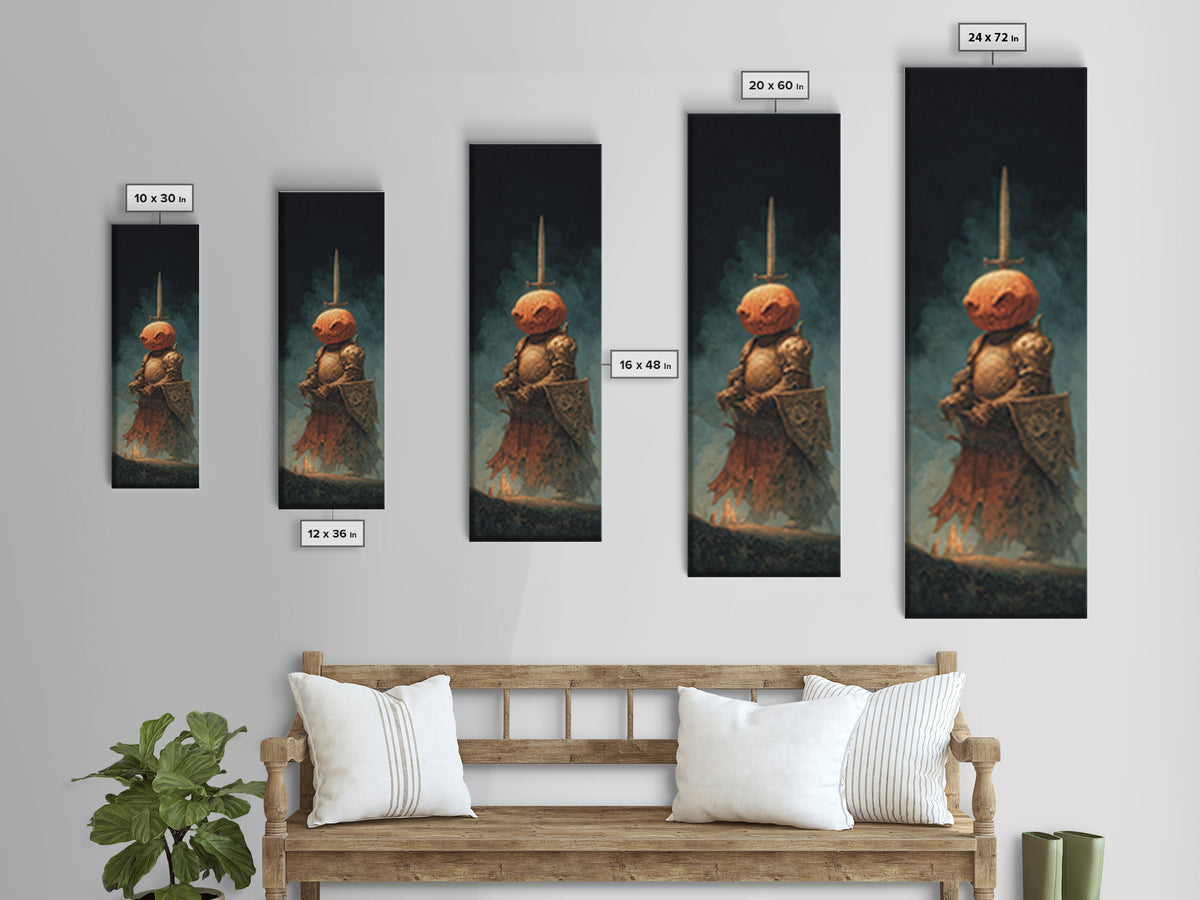 The Pumpkin Paladin, Surreal Apocalyptic Art, Tall Narrow Wall Art, Dark Fantasy Wall Art, Framed Canvas Print, Halloween Wall Art